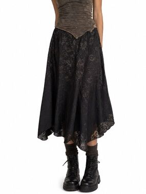 Vintage Black Floral Burnout Midi Skirt Y2K Grunge Fairy Goth Sheer Overlay 12